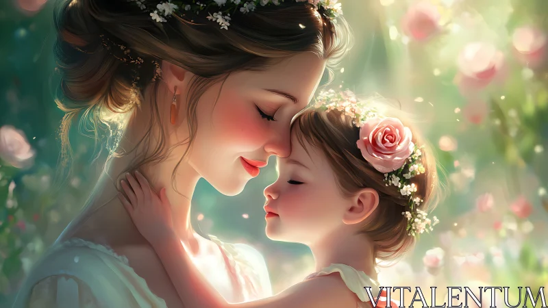 Woman and Child Surrounded by Flowers in Soft Light