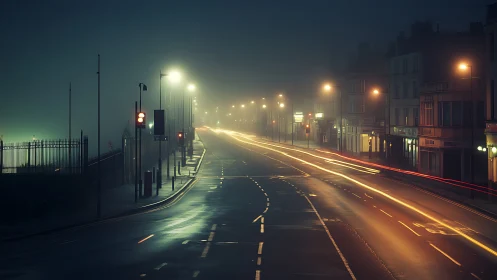 Fog-drenched arterial road with long-exposure traffic traces.