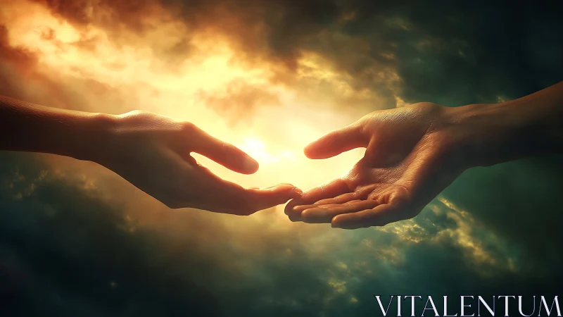 Two reaching hands compose a quiet sunrise of human hope