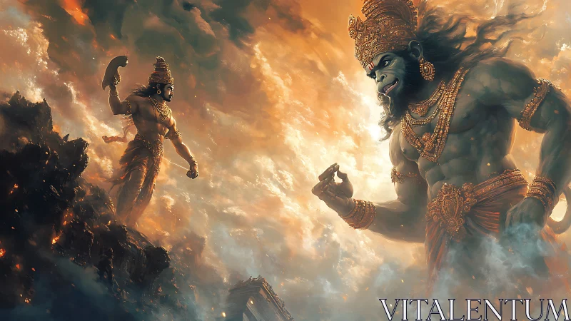 Colossal monkey deity confronting warrior amid burning skies.