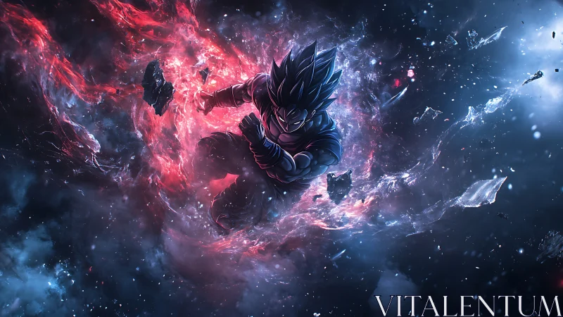 Cosmic anime warrior charging through shattered nebula storm.