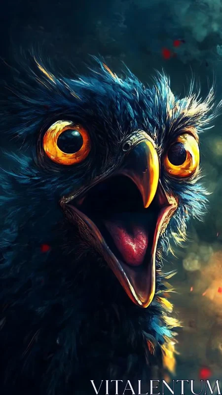 Electric blue owl portrait with blazing amber eyes.