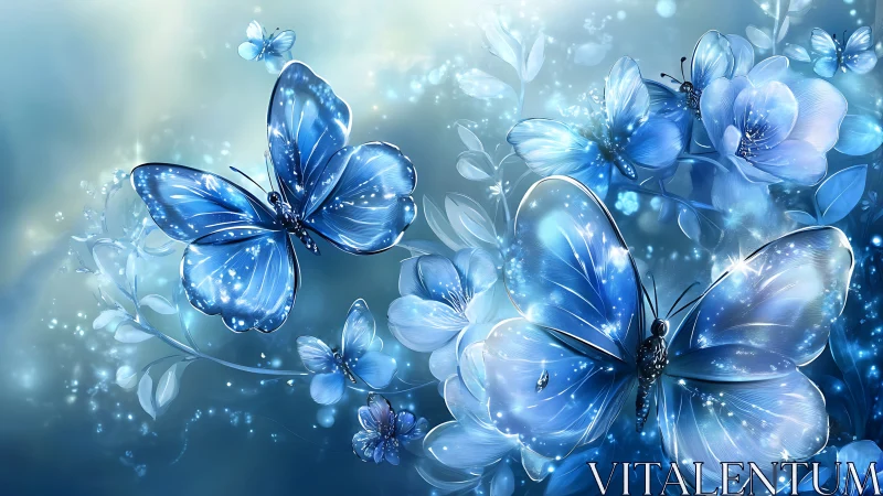 Moonlit sapphire butterflies drift through glowing blossom haze
