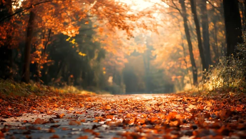 Tree-lined road covered with autumn foliage under diffused sunlight