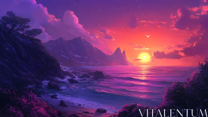 Vibrant coastal mountain sunset with saturated magenta light gradients