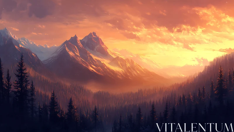 Mountain range and conifer forest under orange sunset sky.