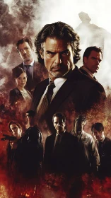 Brooding crime ensemble in cinematic smoke and ember haze.