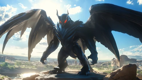 Winged armored demon towers above sunlit modern cityscape.