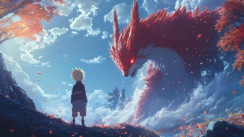 Boy confronting colossal fox spirit in luminous skyscape.
