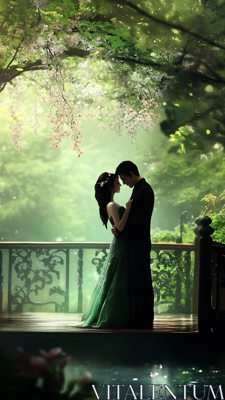 Ethereal garden embrace beneath flowering canopy