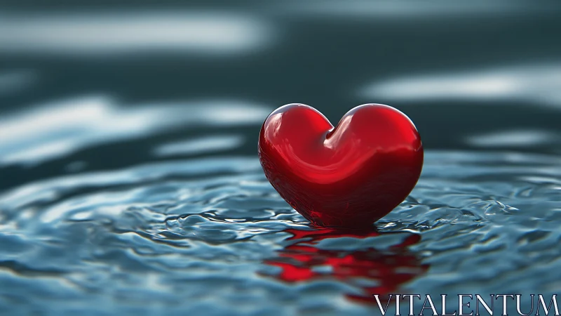 Red Heart Floating in Water Ripples.