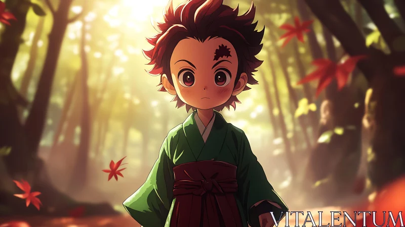 Anime child in forest glade under backlit foliage and drifting leaves