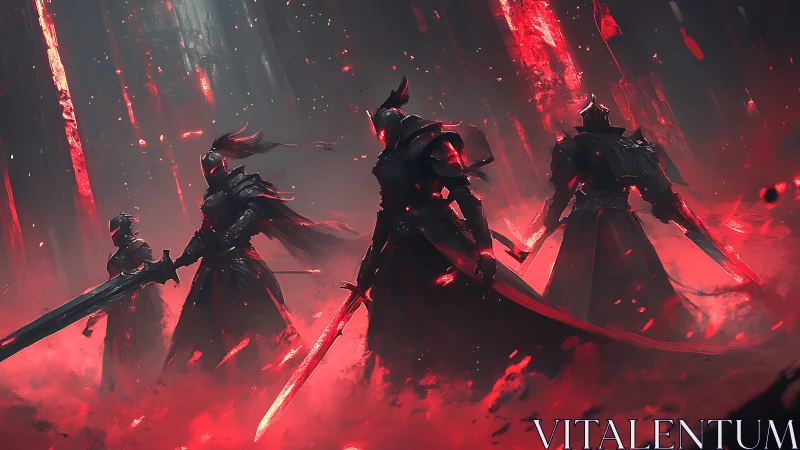 Armored spectral knights emerge through volumetric red energy rifts