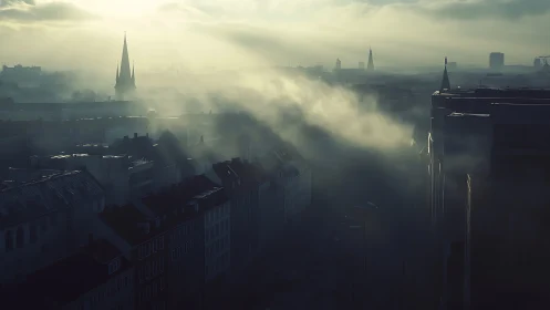 Morning fog drifts through dense city rooftops and steeples