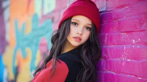 Street portrait girl in red beanie against pink graffiti wall.
