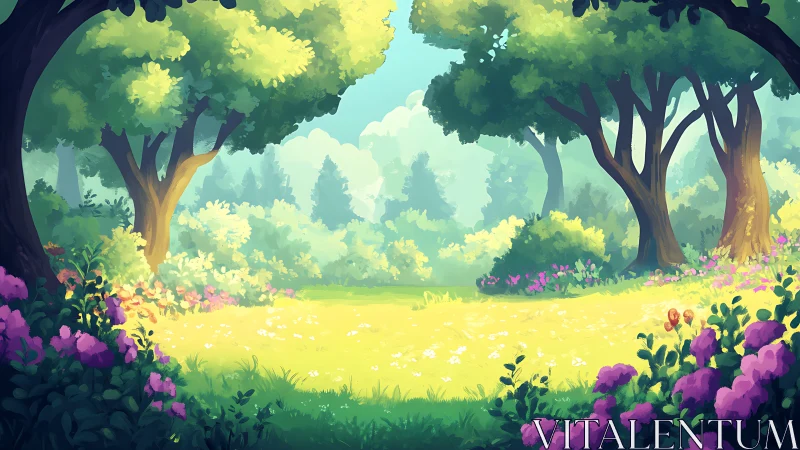 Forest glade with meadow, large trees, and flowering vegetation