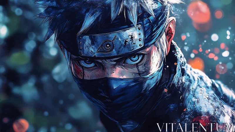 Frost-eyed masked warrior locked in a storm of neon sparks.