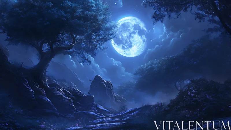 Moon drenched forest path under whispering sapphire skies.