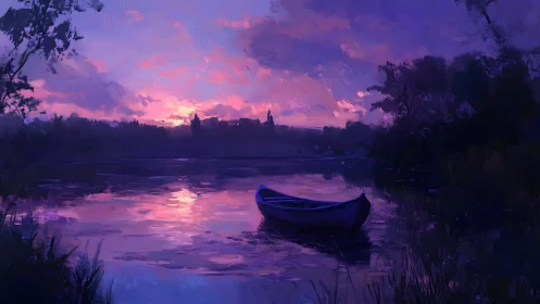 Rowboat on calm lake at vivid purple pink sunset sky.