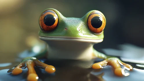 Curious green tree frog with bright amber eyes in water.