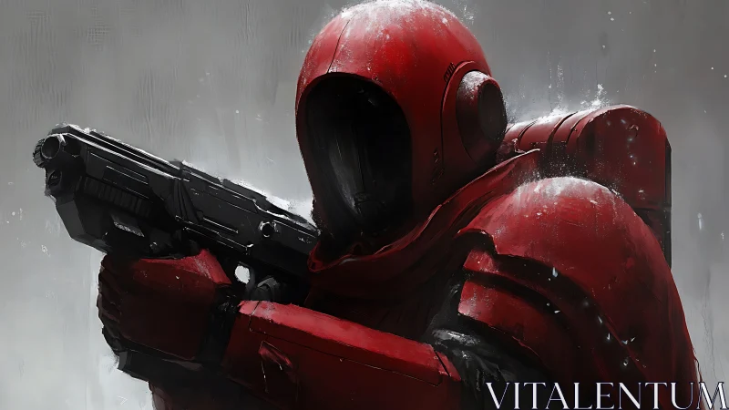 Scarlet space trooper aiming rifle in drifting frost haze.