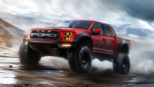 Bold red off road truck charging through wild terrain.