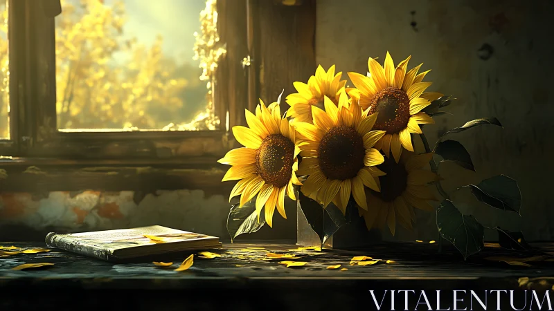 Sunflowers on wooden windowsill with natural daylight
