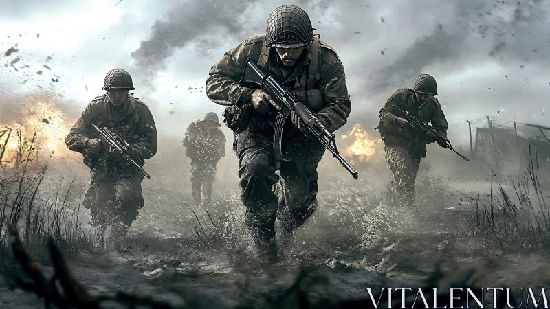 Storming battlefield advance amid explosions and mudflats.