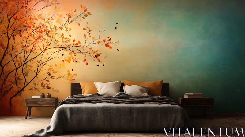 Bedroom interior with autumn tree mural and warm gradient wall.