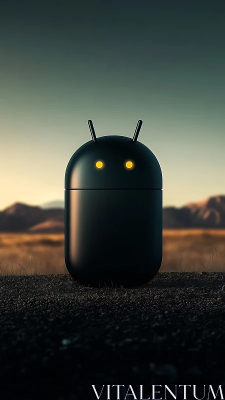 Midnight desert android stands glowing against fading dusk