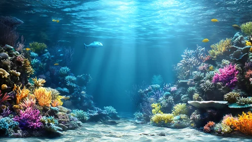 Sunlit coral reef ecosystem rendered in vivid digital detail