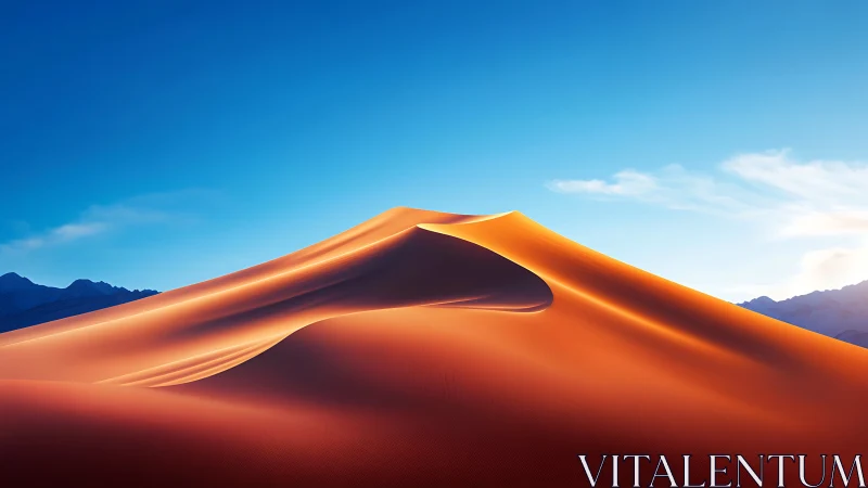 Sunlit desert dune curves glow beneath a deep blue sky.