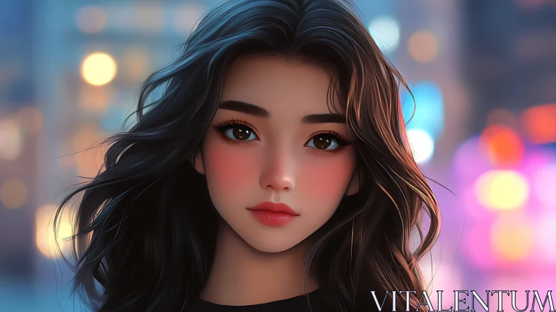 Soft-lit digital portrait captures a calm gaze in neon dusk