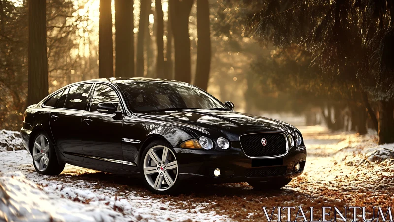 Black luxury sedan parked on snowy forest path at sunset.