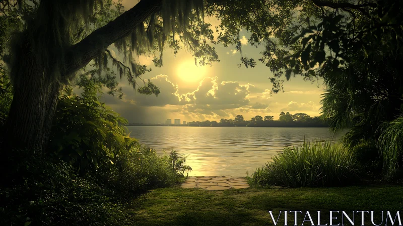 Sunlit lakeside hideaway framed by lush whispering trees.