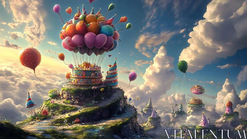 Candy balloon carnival ascends above cloud islands at sunset