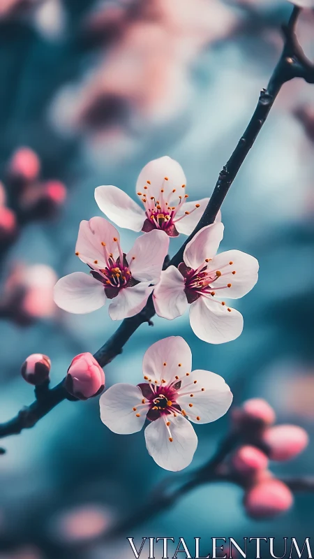 Delicate spring blossoms unfold against a cool blue atmospheric backdrop.