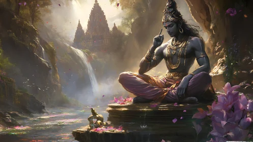 Digital painting of meditative deity by waterfall shrine portal.