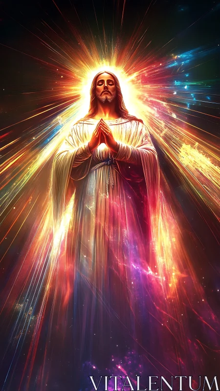 Radiant celestial Christ figure with cosmic light burst.