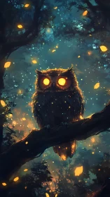 Luminous-eyed owl watches glowing forest canopy at night