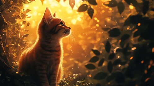 Tabby Cat Amid Golden Light Particles and Autumn Foliage