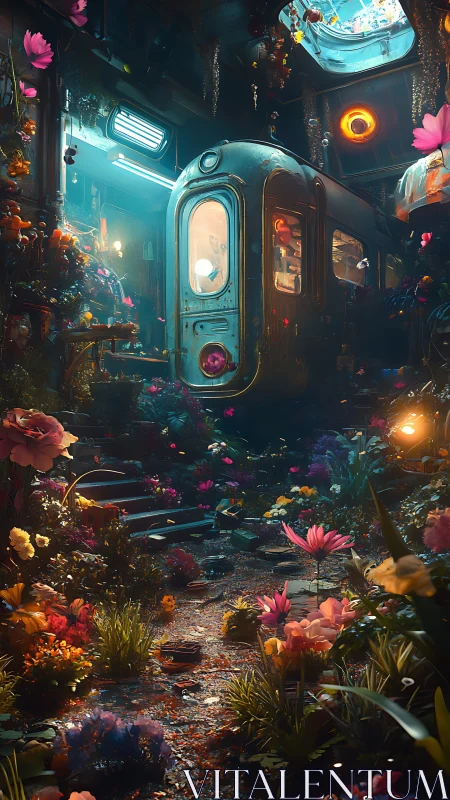 Overgrown train carriage in dense indoor botanical setting.