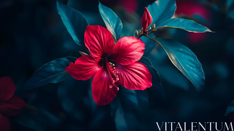 Deep Crimson Hibiscus Against Teal Blur.
