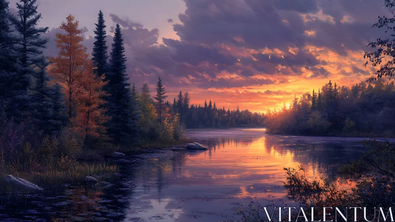 Sunset illuminates forested river beneath stratified clouds