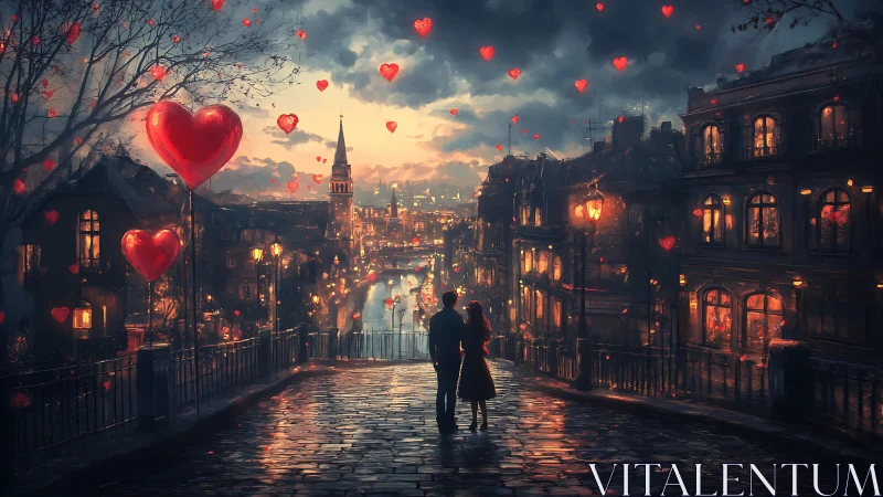 Couple Under Red Heart Balloons in Historic City.