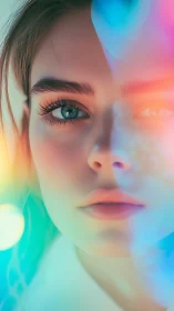 Portrait of young woman with colored light reflections.