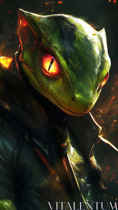 Bioluminescent lizard warrior portrait with molten ember eyes