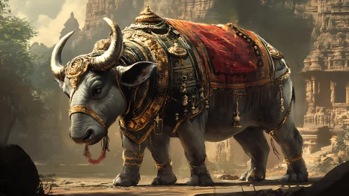 Armored ceremonial buffalo with ornate gold harness in ruins