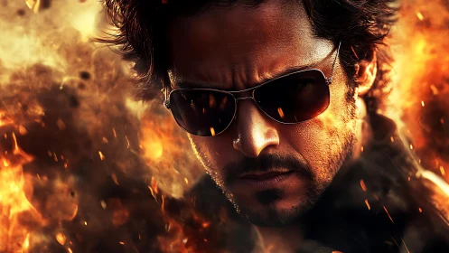 Intense sunglasses hero walking through roaring flames.