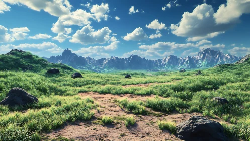 Expansive alpine grassland under high-contrast cumulus sky